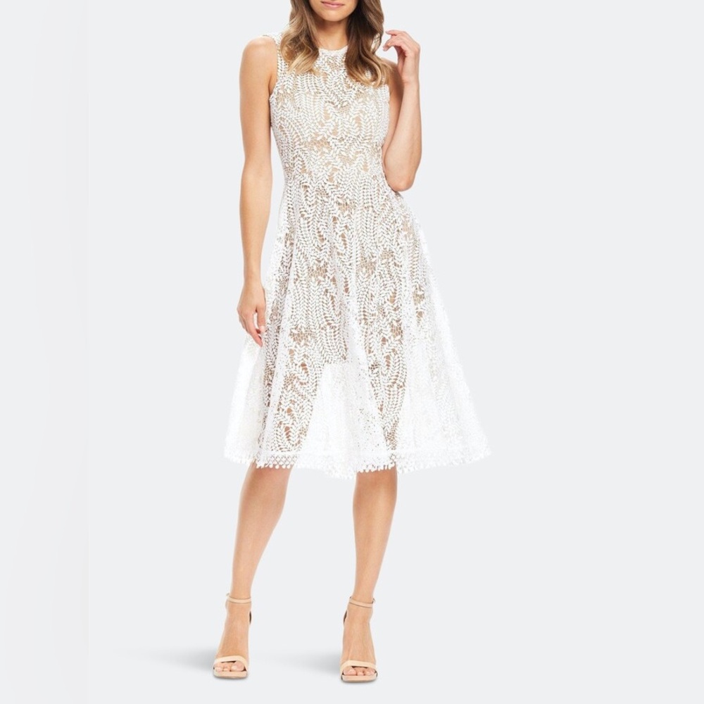 NEW Dress the Population Shane Off White Nude Vine Lace Fitted Midi Dress M $308
